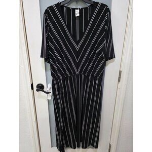 ANKO Plus Size 18 Black White Chevron Stripe Midi Dress Flutter Sleeve Tie Waist